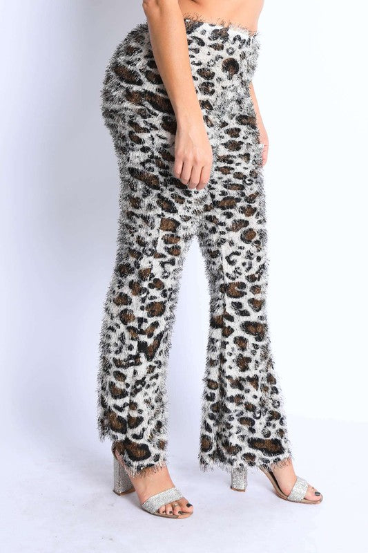 Fur leopard print bell bottom pants - lolaluxeshop