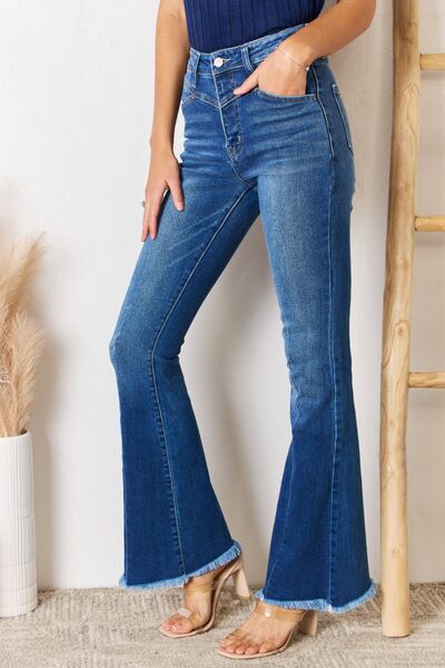 Kancan High Rise Raw Hem Flare Jeans - lolaluxeshop