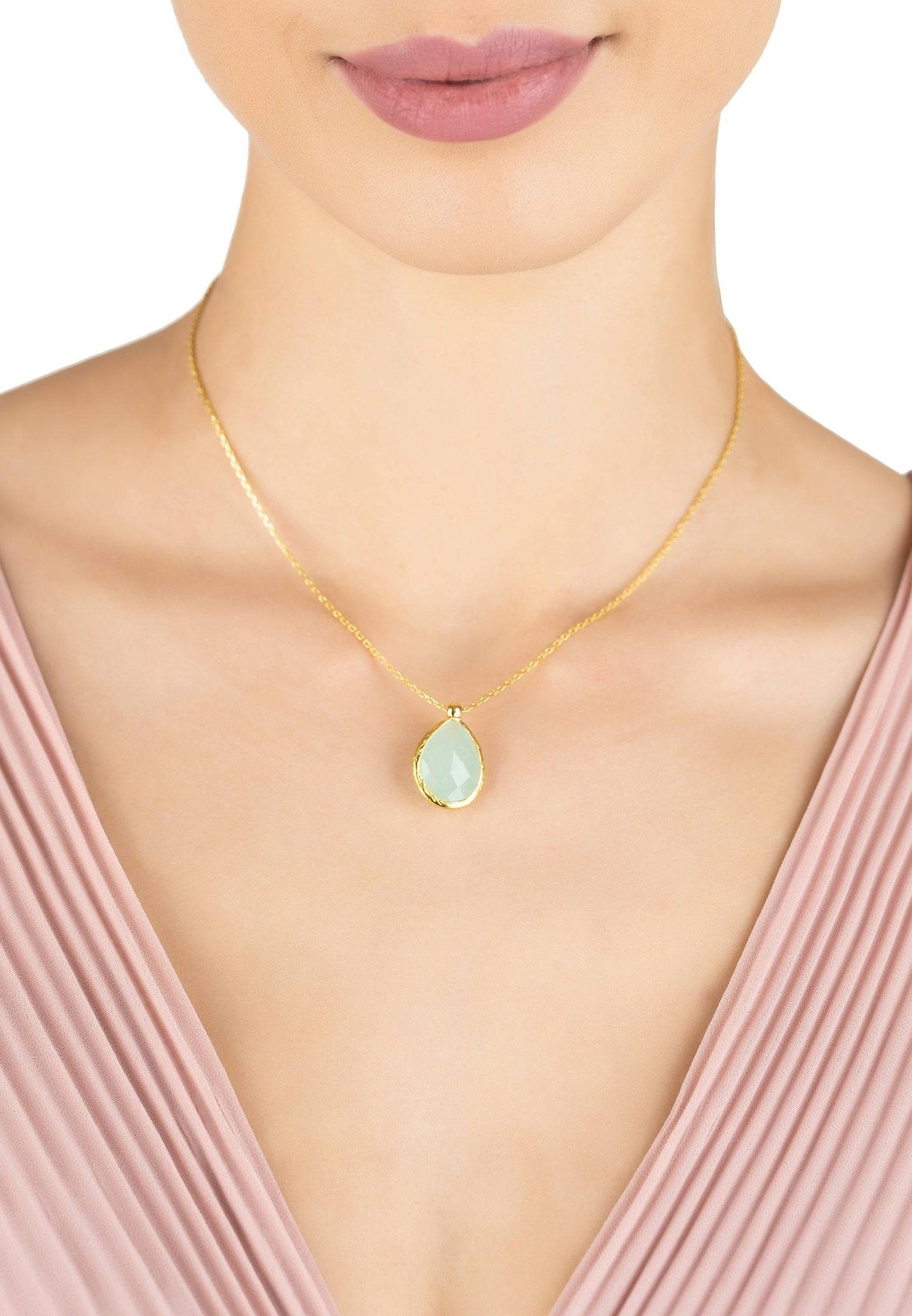 Petite Drop Necklace Gold Aqua Chalcedony - lolaluxeshop