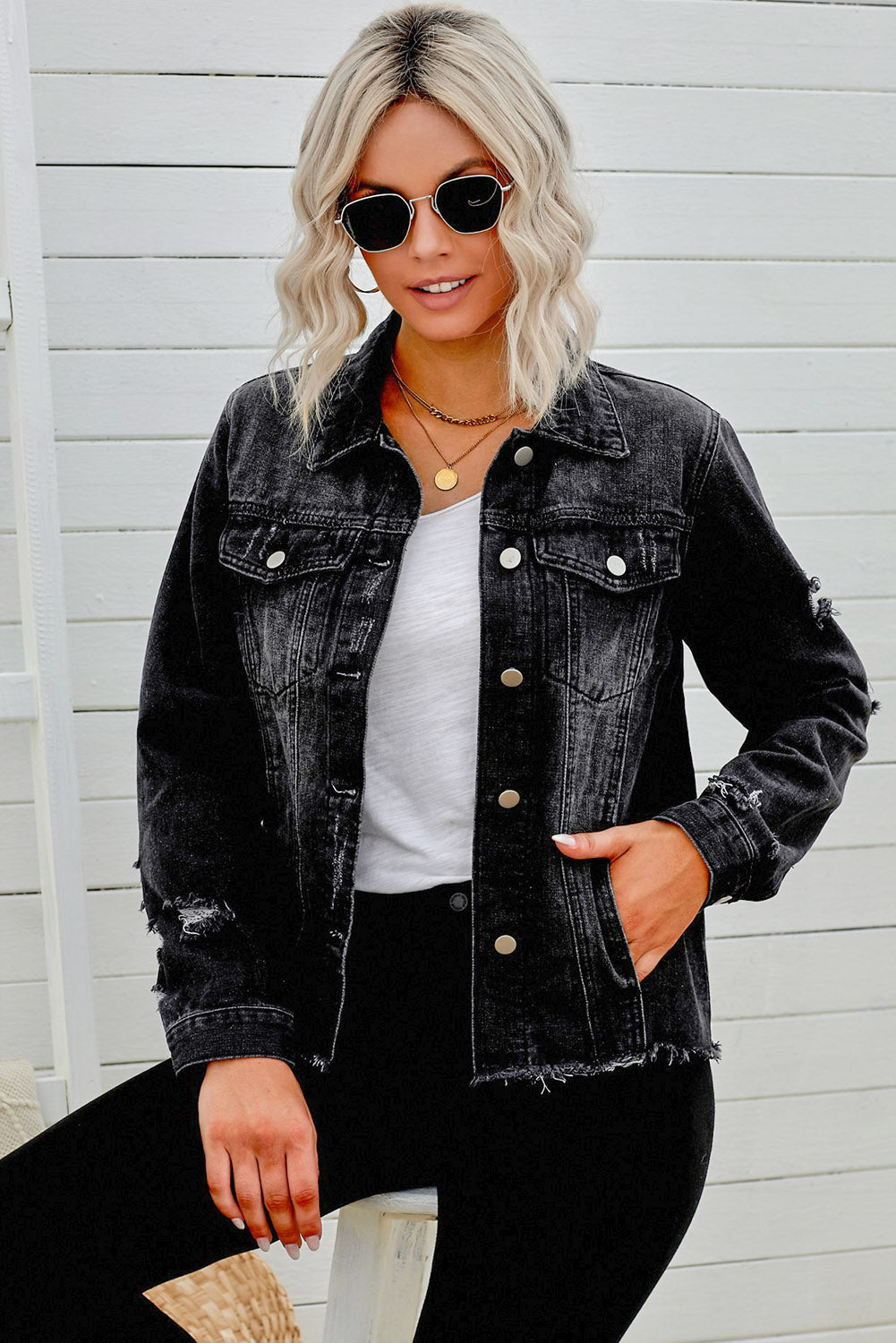 Distressed Raw Hem Denim Jacket - LOLA LUXE