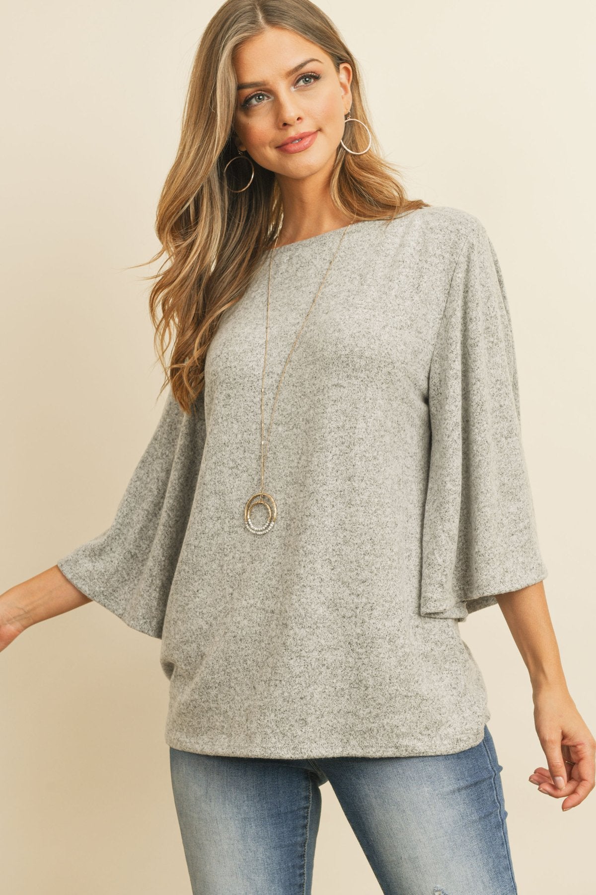 Boat Neck Bell Sleeve Solid Hacci Brushed Top - LOLA LUXE