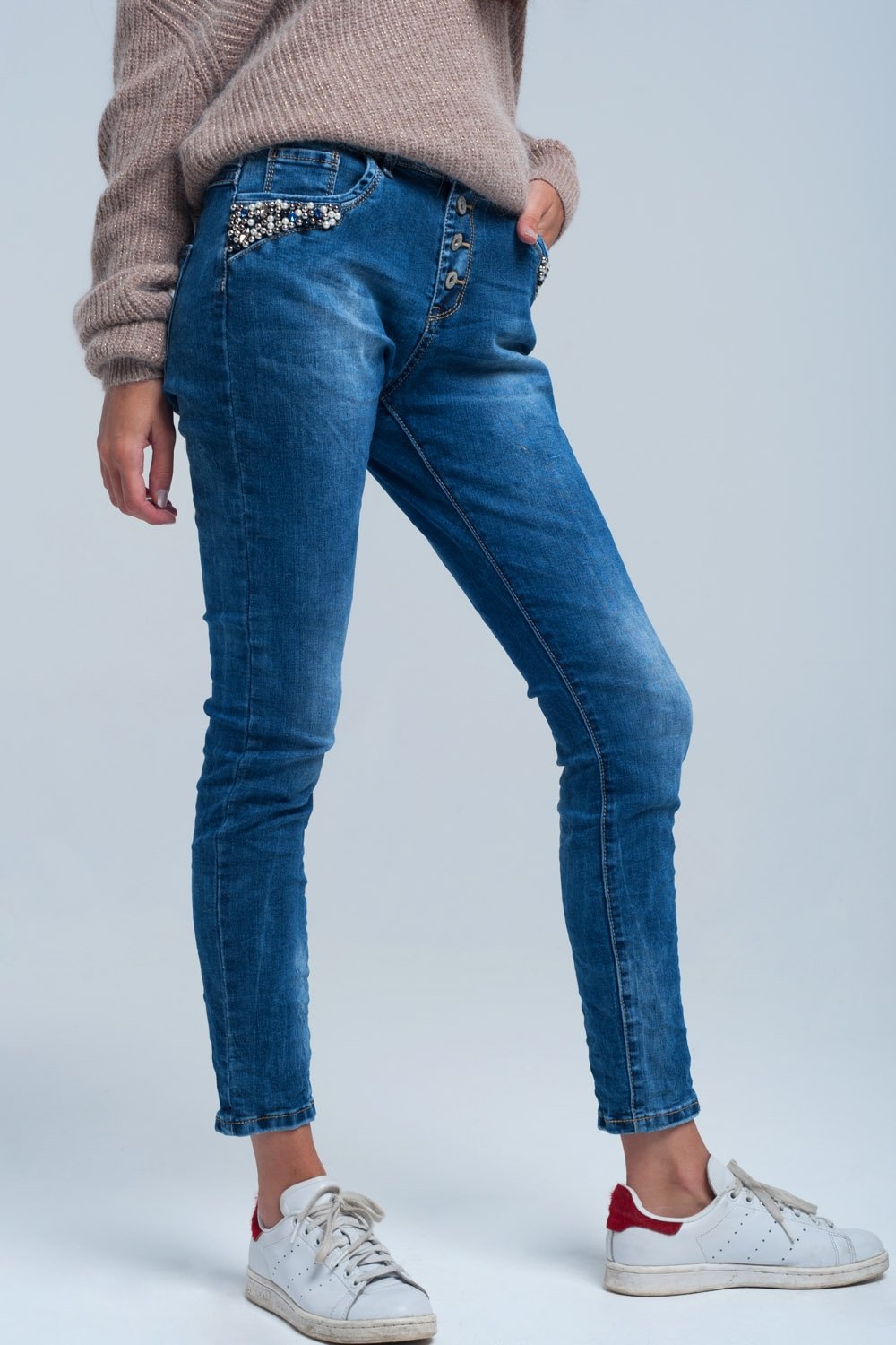 Blue Boyfriend Jeans With Pearls - LOLA LUXE