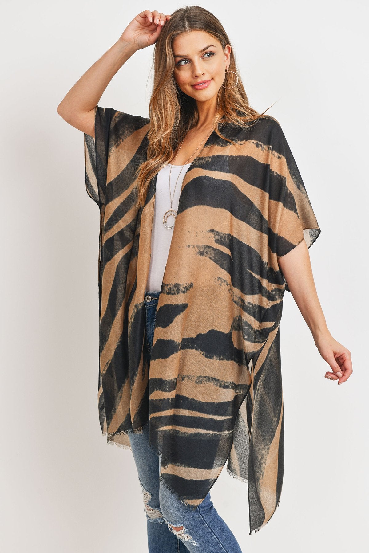 Hdf3167 - Zebra Line Print Open Front Kimono - LOLA LUXE