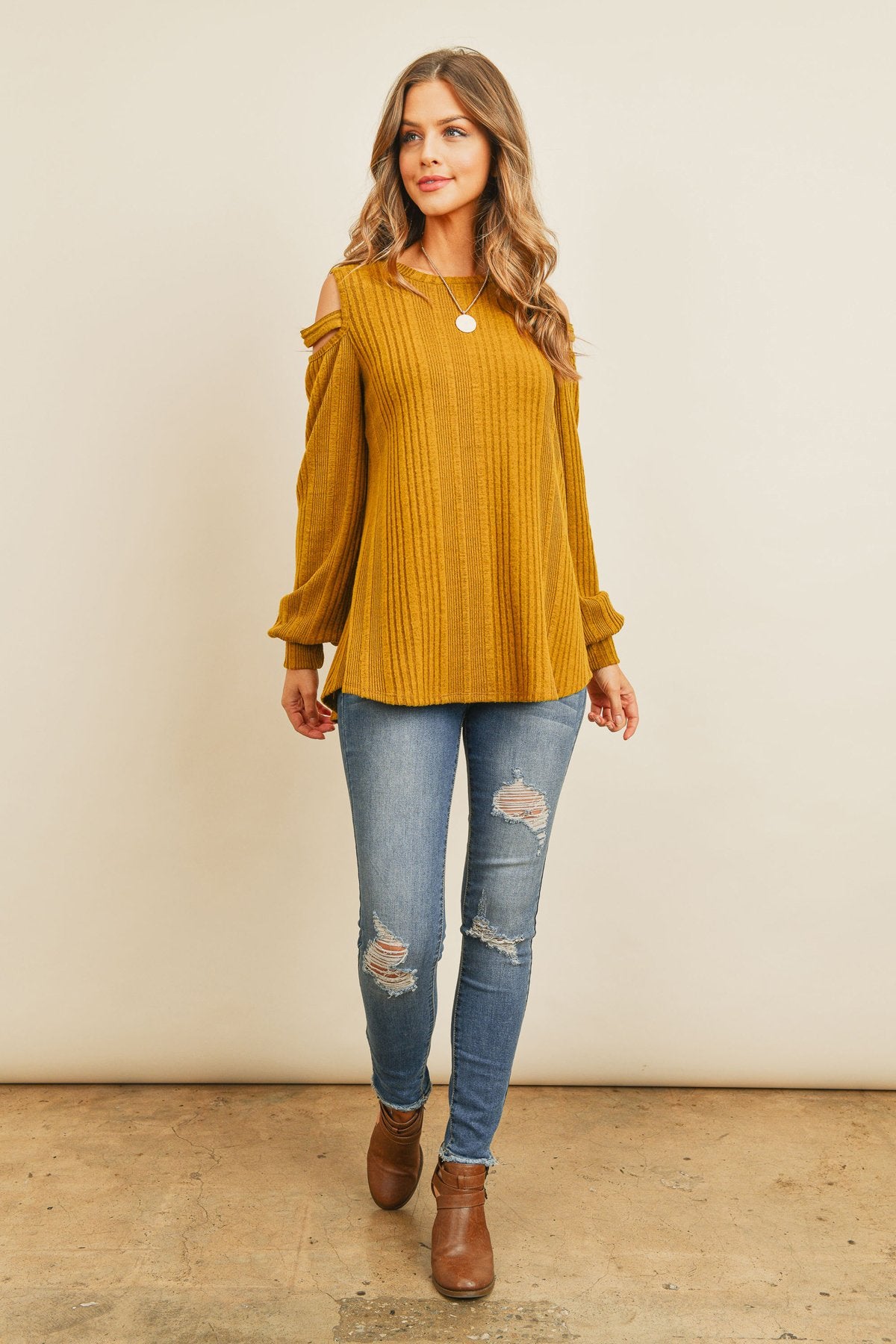 Ladder Open Should Long Sleeved Rib Detail Top - LOLA LUXE