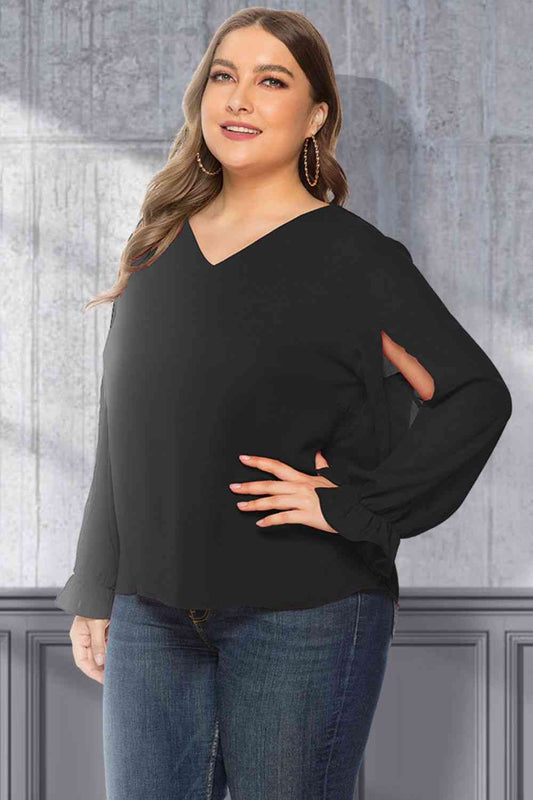 Plus Size Cutout Flounce Sleeve Blouse - lolaluxeshop