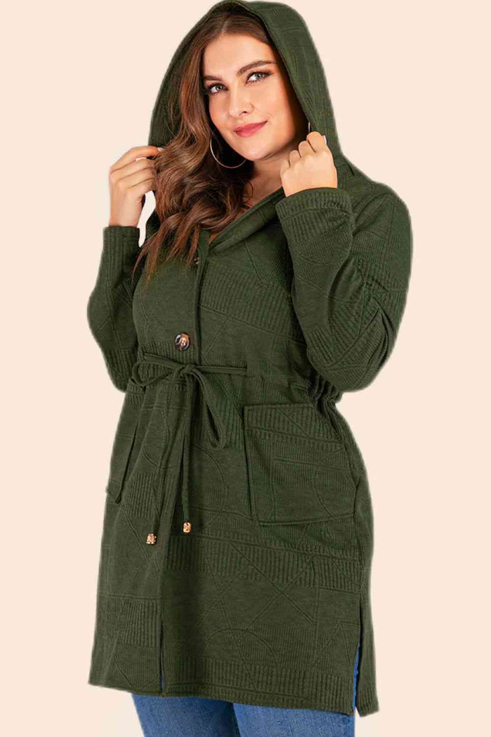 Plus Size Drawstring Waist Hooded Cardigan with Pockets - lolaluxeshop