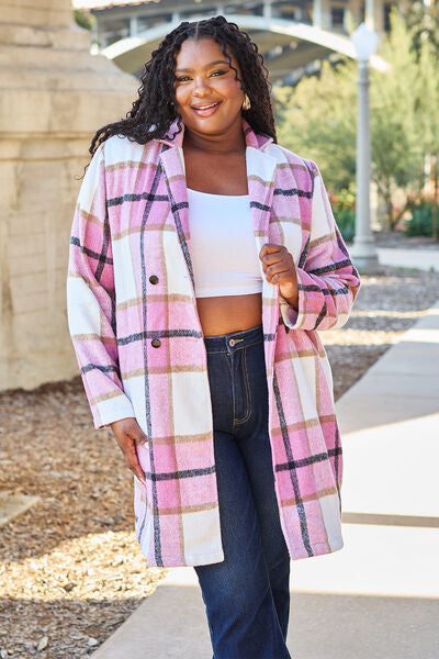 Double Take Full Size Plaid Button Up Lapel Collar Coat - lolaluxeshop