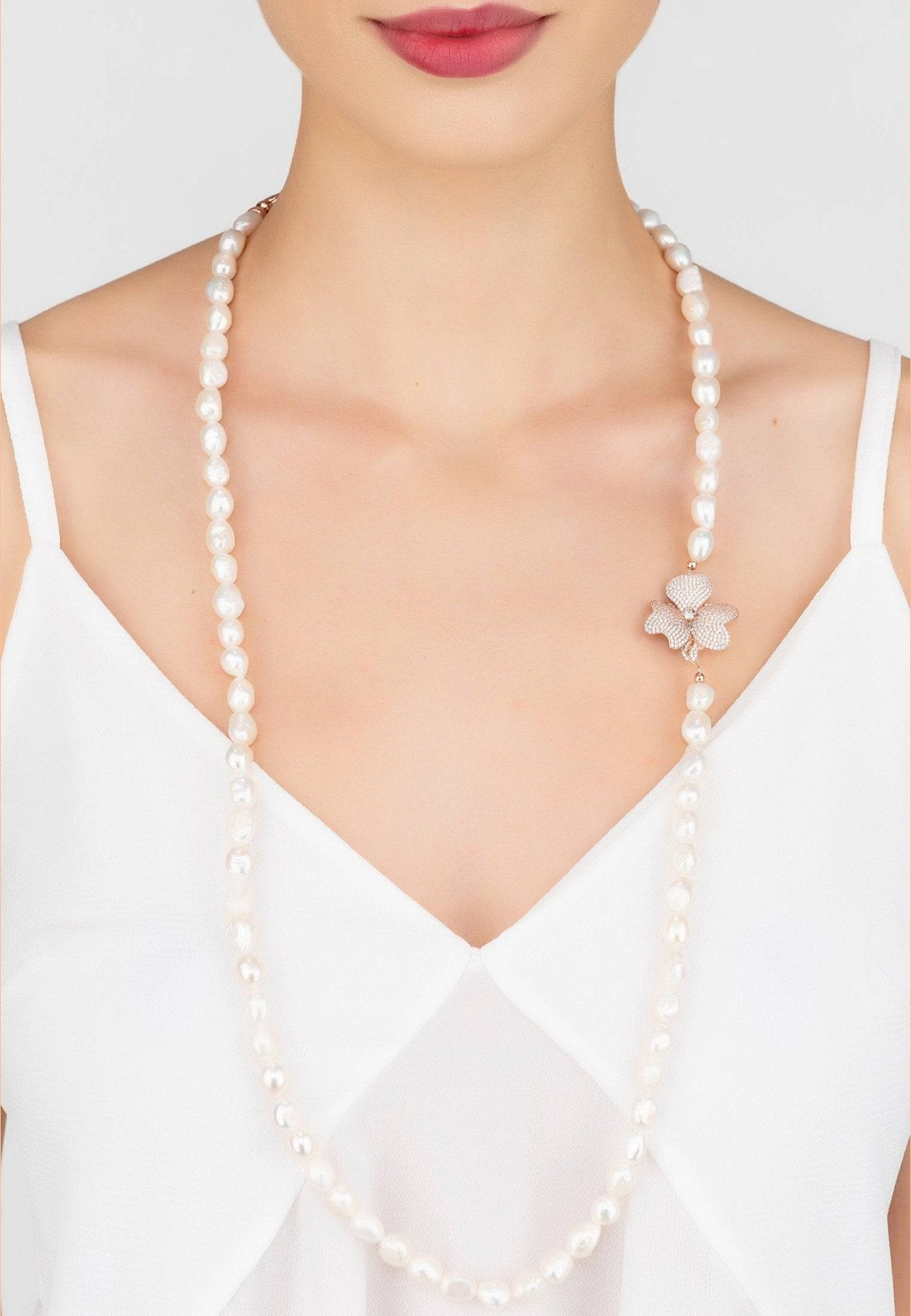 Flower Pearl Gemstone Long Necklace White Cz Rosegold - lolaluxeshop