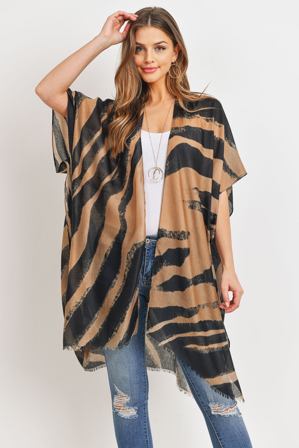 Hdf3167 - Zebra Line Print Open Front Kimono - LOLA LUXE