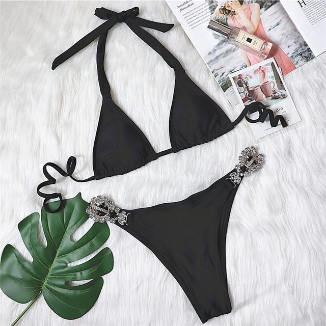 Diamond Bikini Sexy Push Up Halter Swimsuit Female Crystal Swimwear Women Brazilian Biquini Bathing Suit New - LOLA LUXE