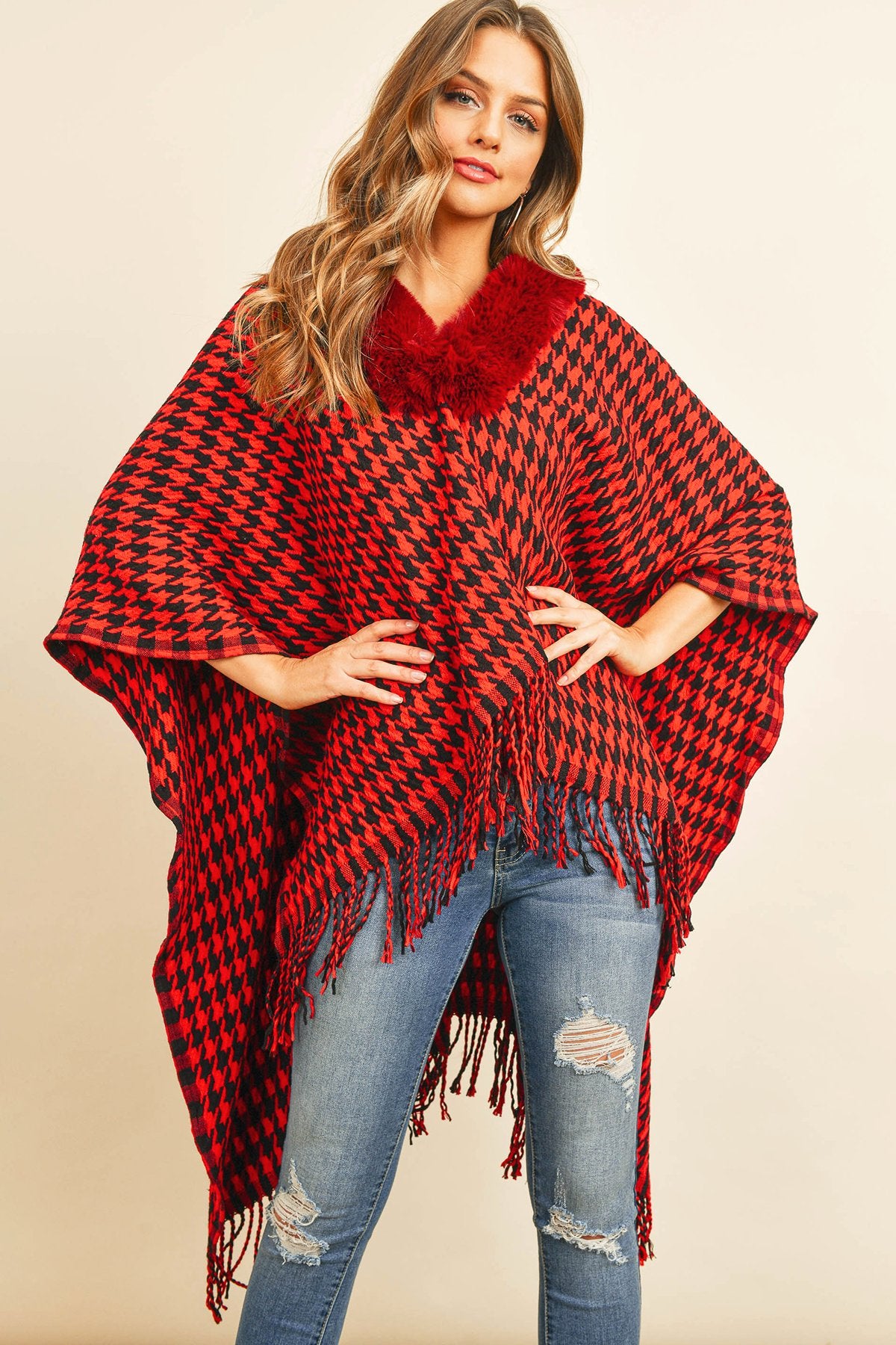 Hdf3145 - Houndstooth Fur Open Front Kimono - LOLA LUXE