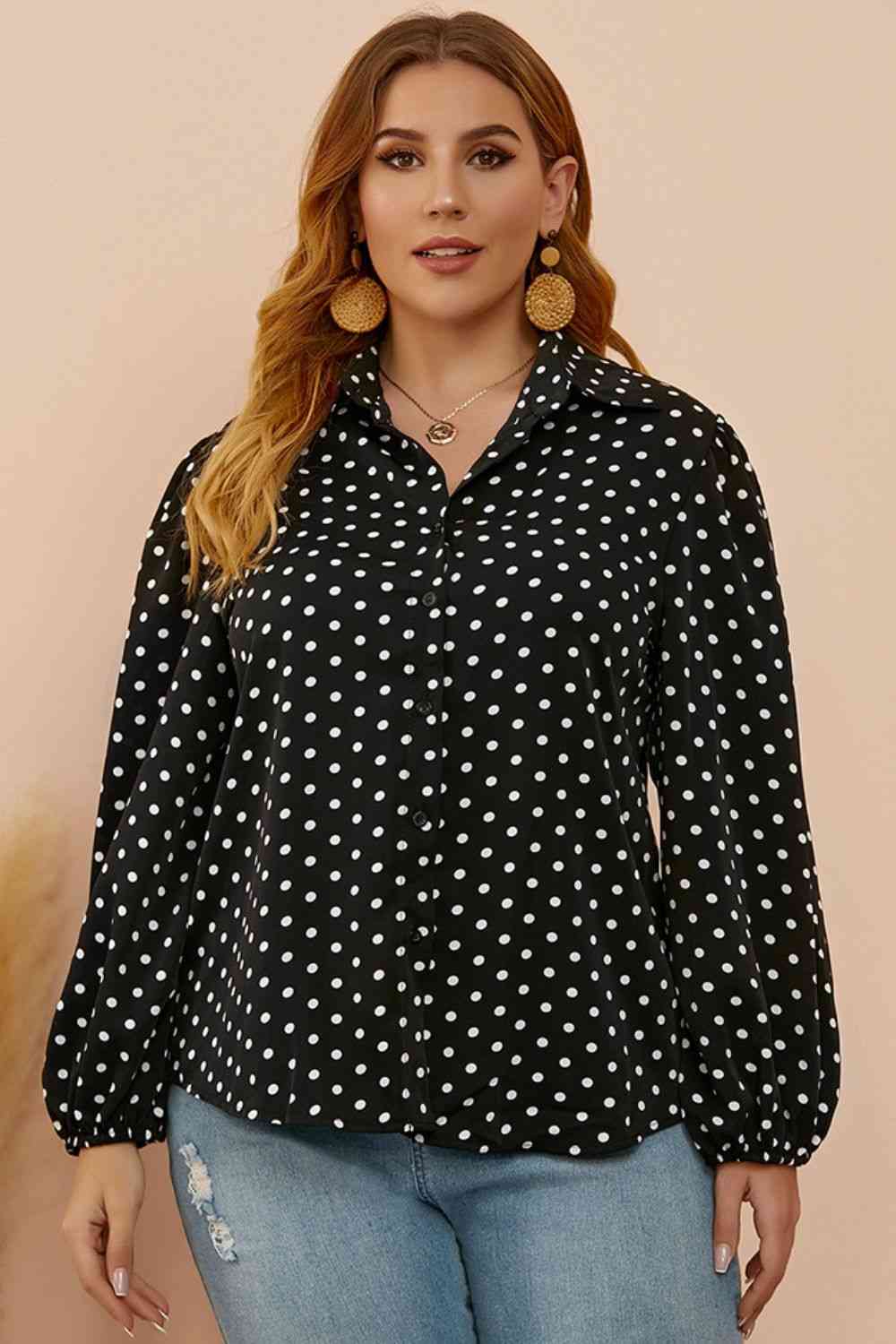 Plus Size Polka Dot Balloon Sleeve Shirt - lolaluxeshop