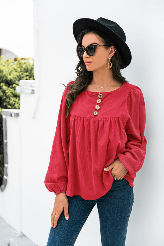 Button Up Balloon Sleeve Blouse - LOLA LUXE