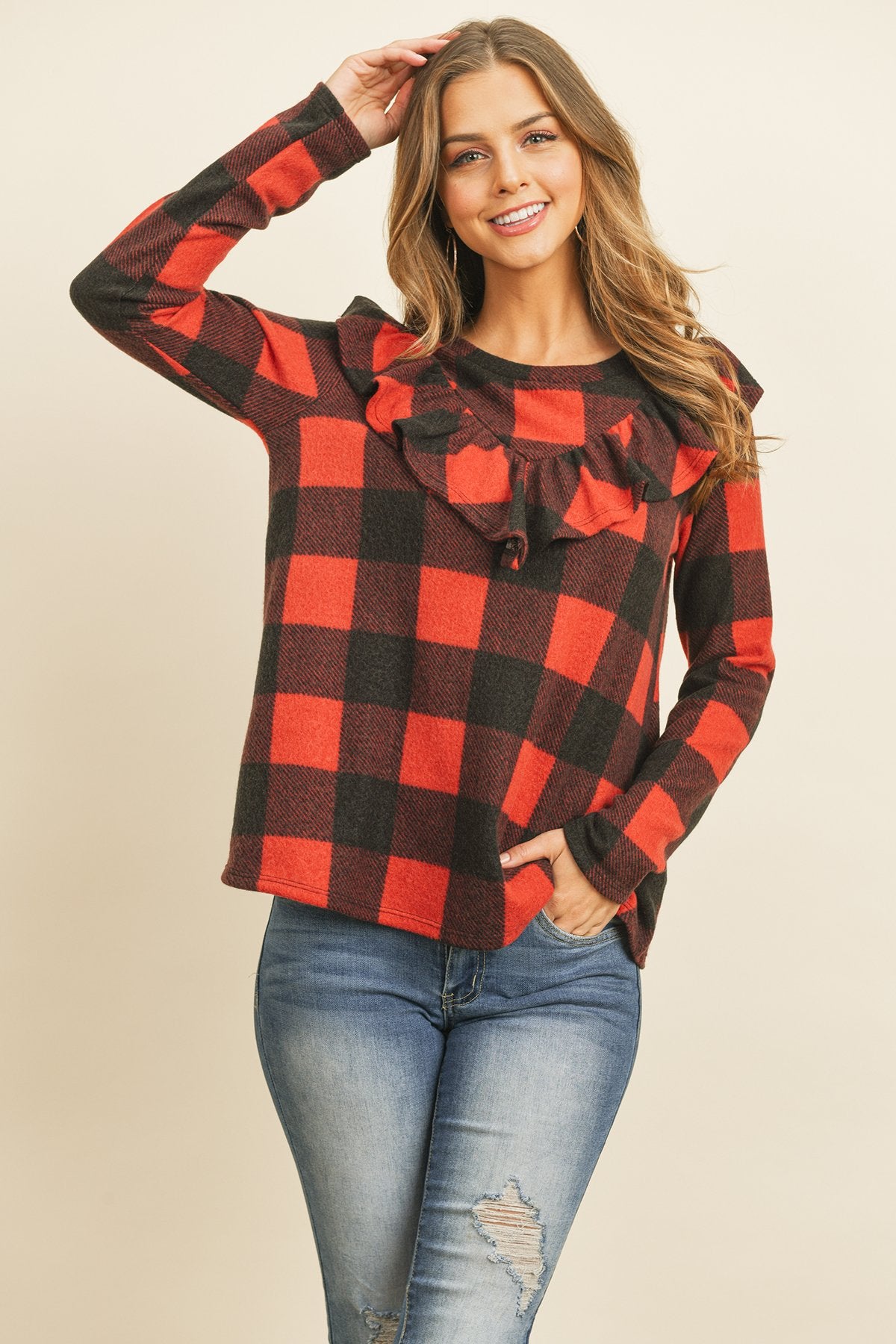 V-Shaped Brushed Plaid Ruffle Detail Long Sleeve Top - LOLA LUXE