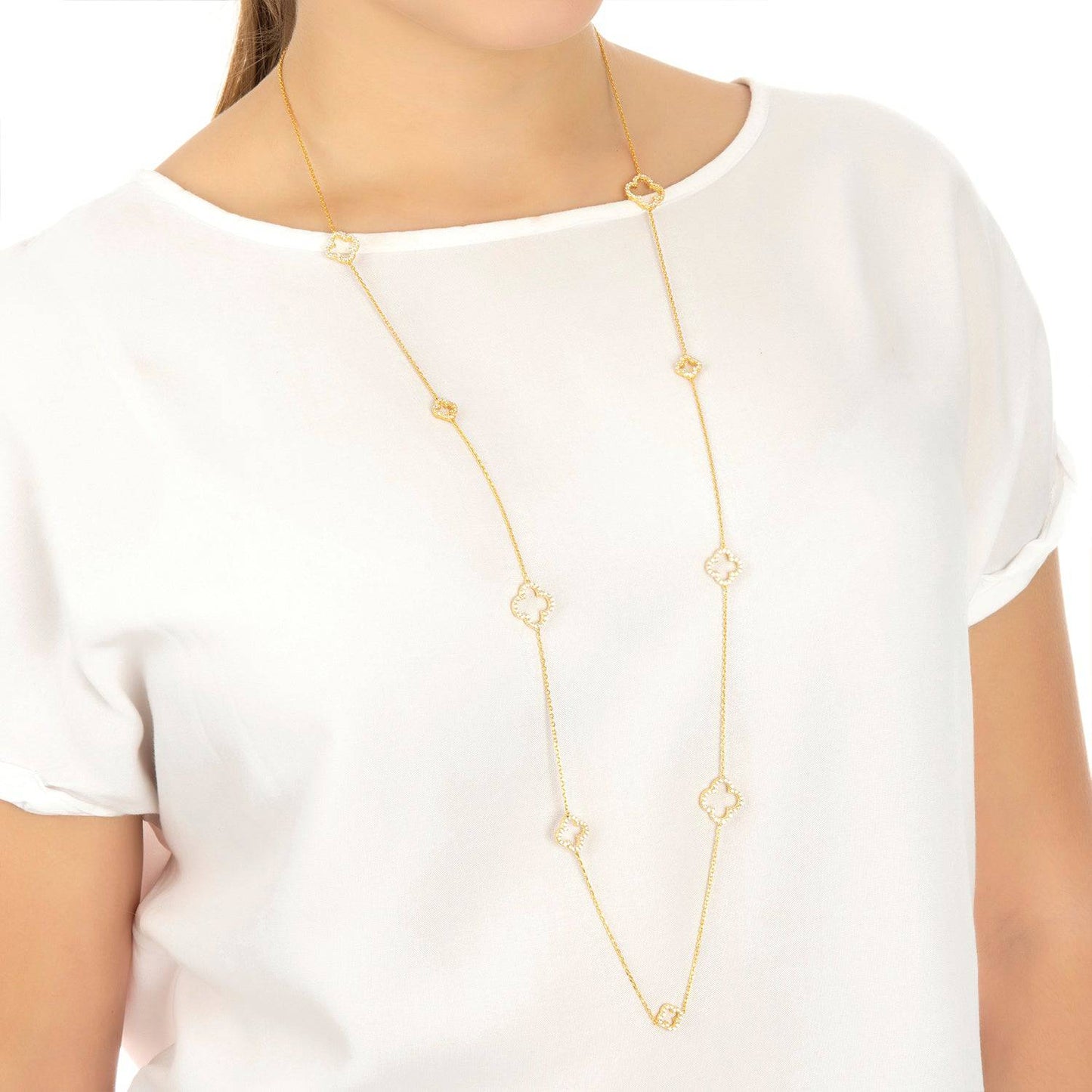 Open Clover Long White Cz Necklace Gold - lolaluxeshop