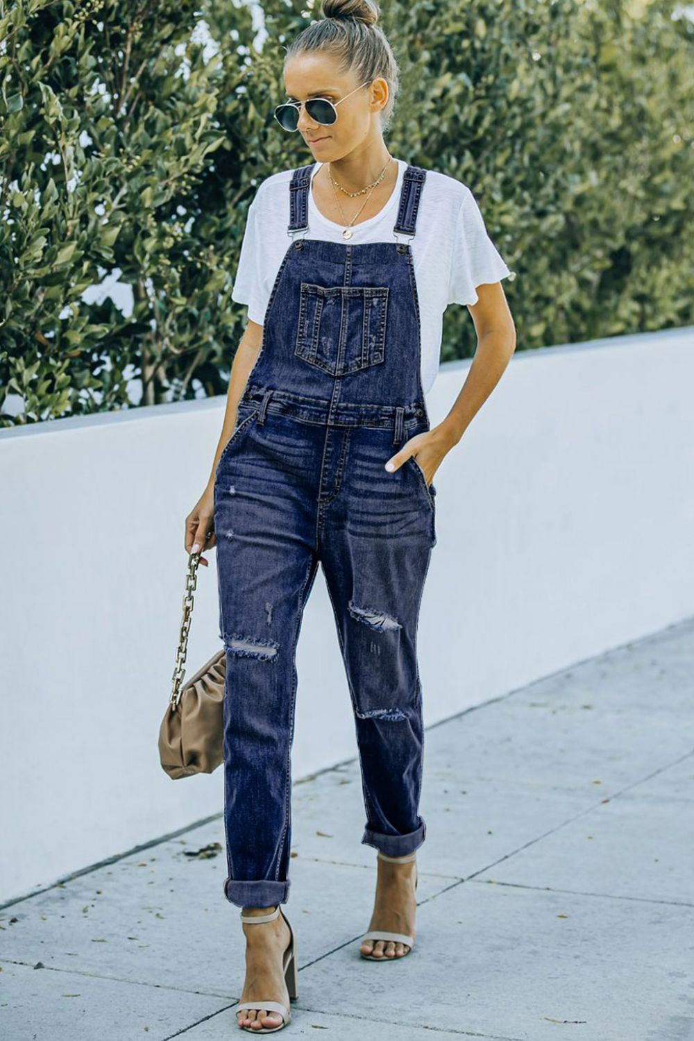 Pocketed Distressed Denim Overalls - LOLA LUXE