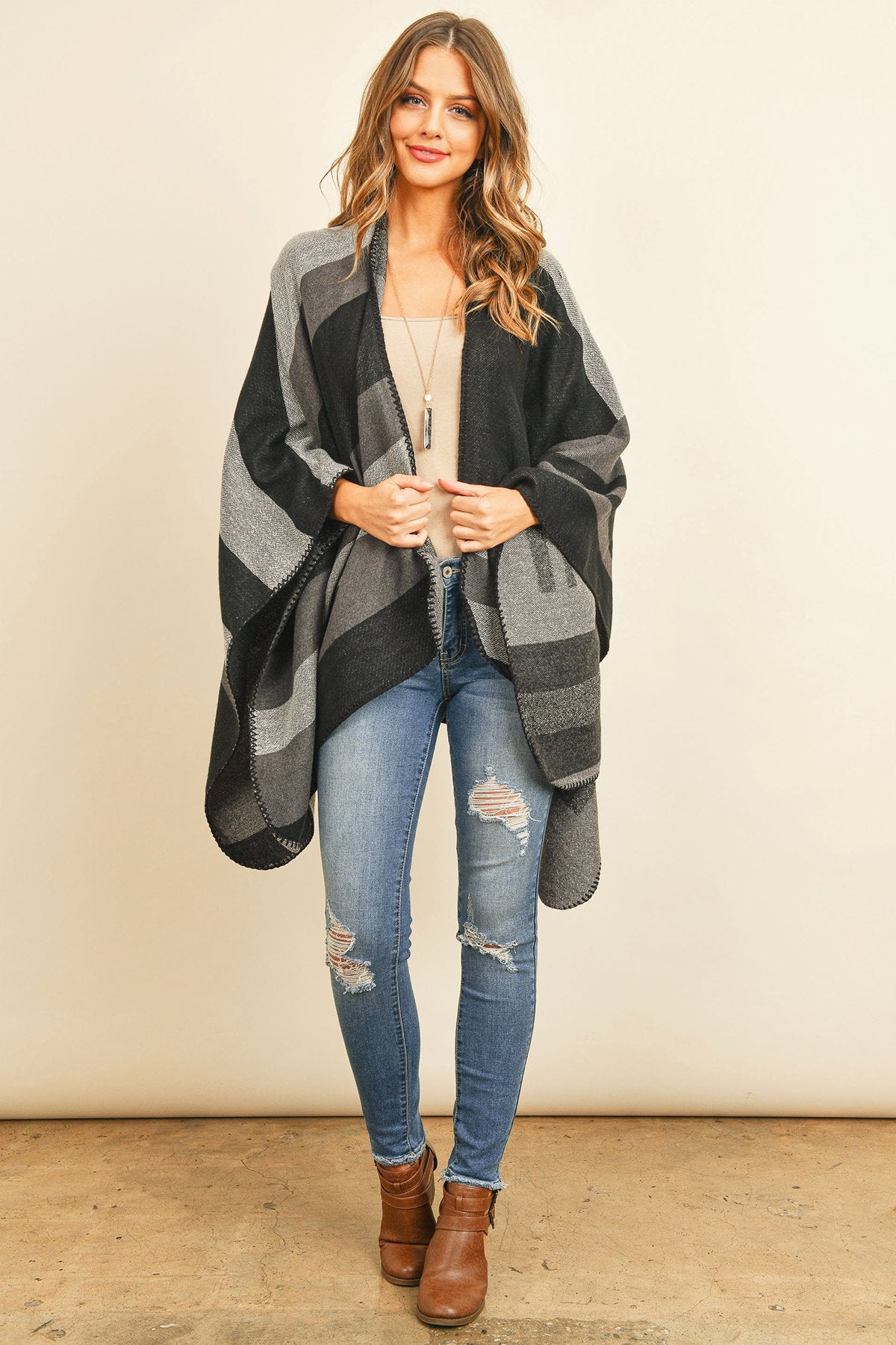 Hdf3152 - Block Pattern Open Front Kimono - LOLA LUXE