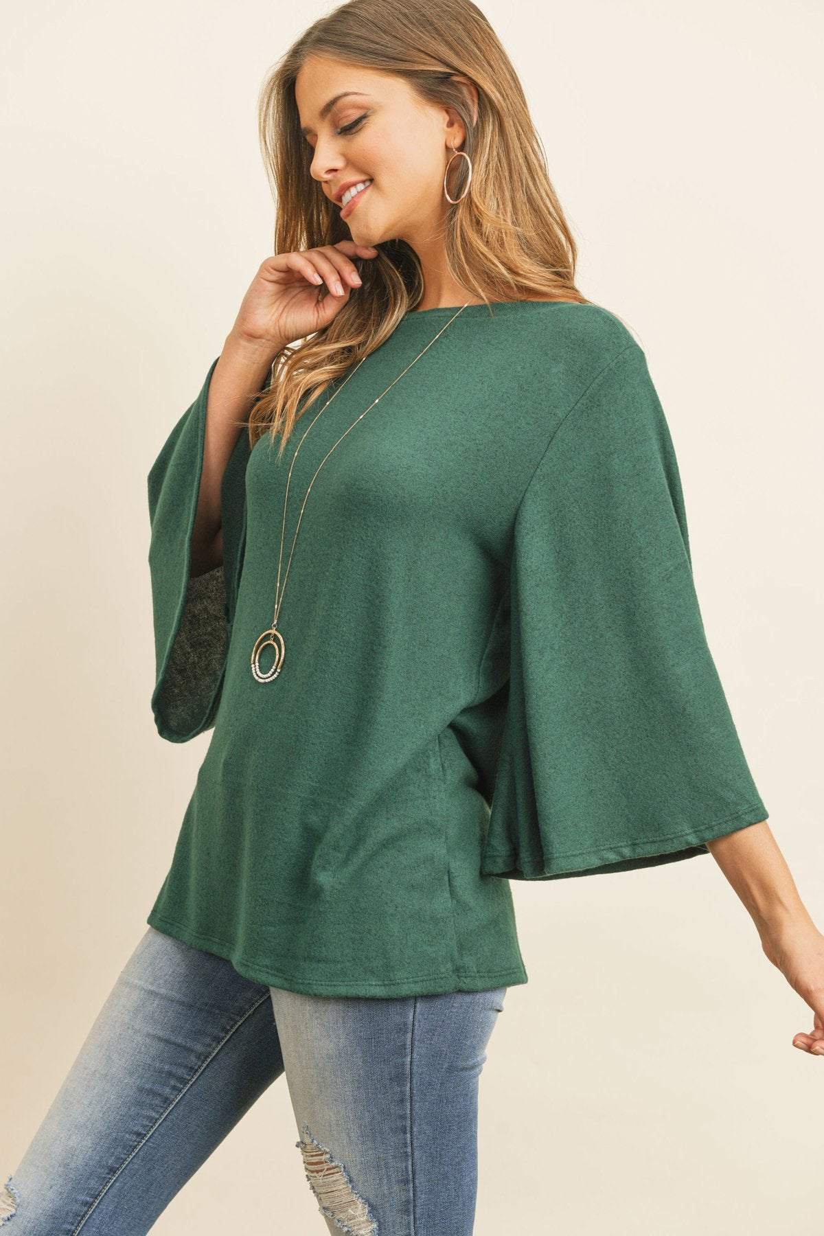 Boat Neck Bell Sleeve Solid Hacci Brushed Top - LOLA LUXE