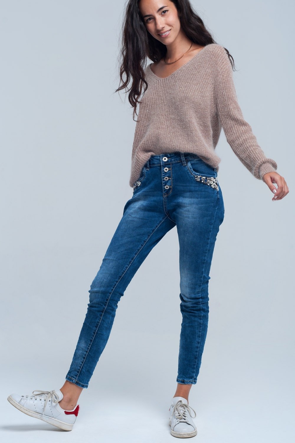 Blue Boyfriend Jeans With Pearls - LOLA LUXE