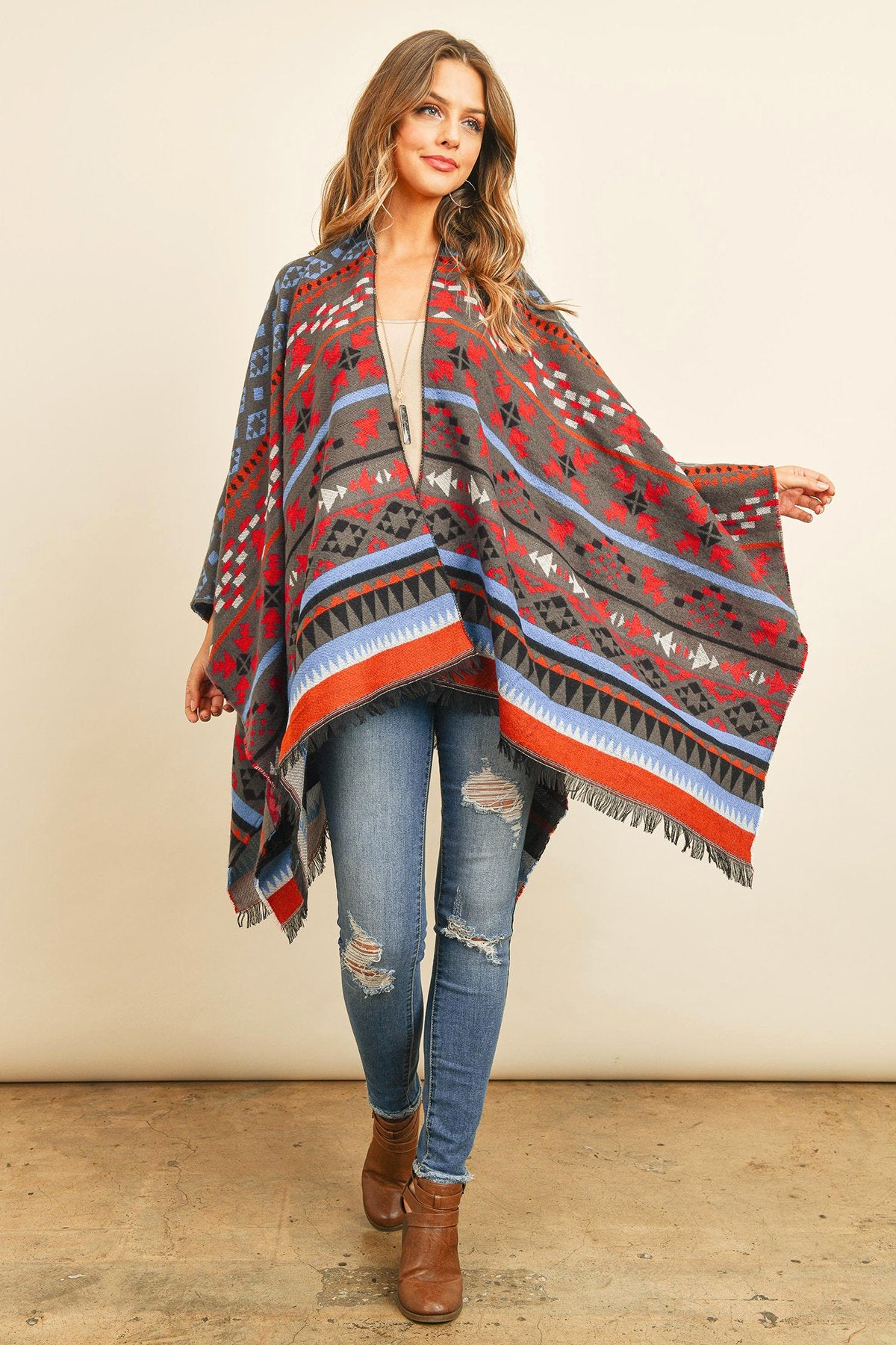 Hdf3148 - Native Pattern Open Front Kimono - LOLA LUXE