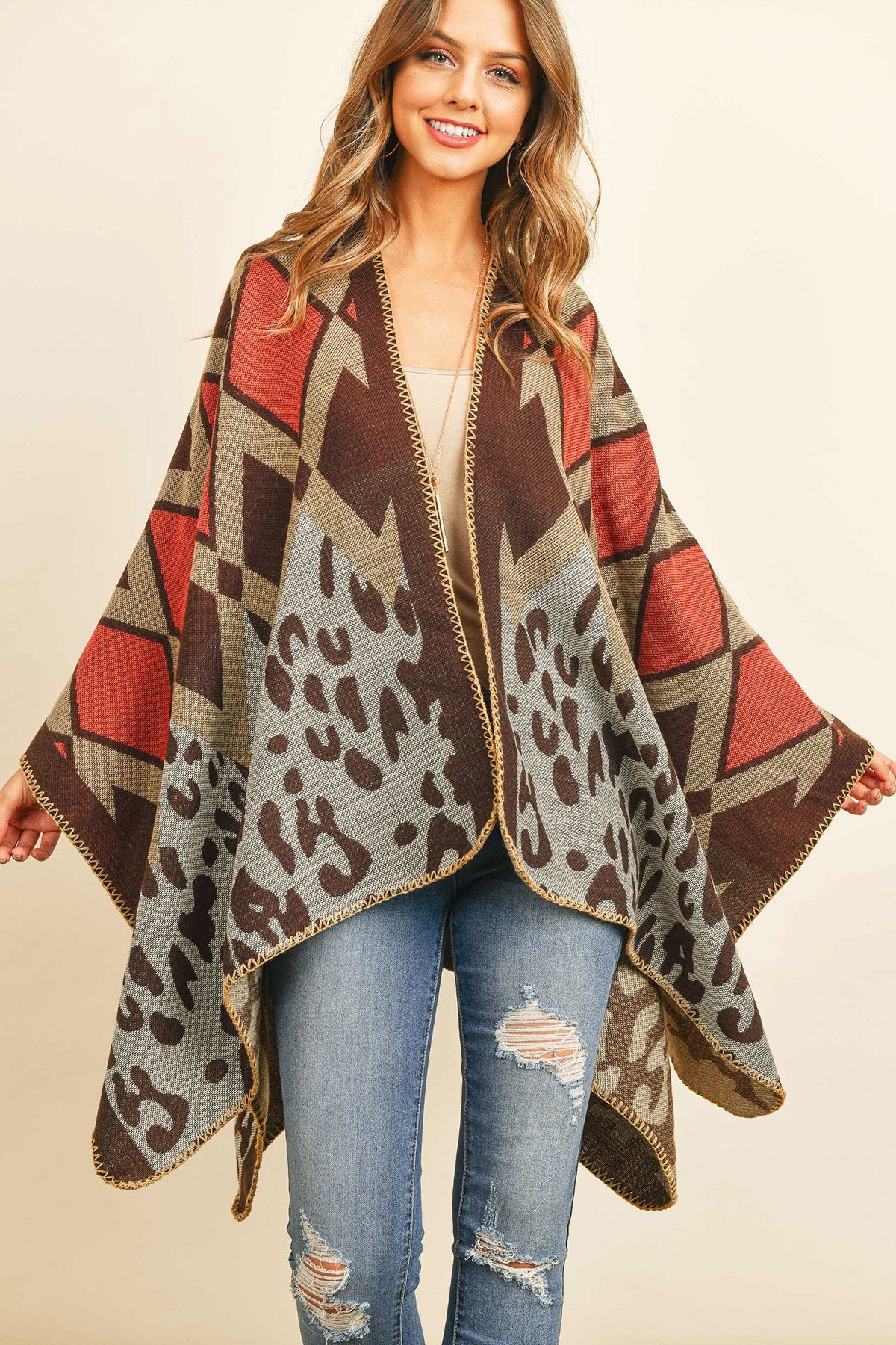 Hdf3147 - Chevron Leopard Open Front Kimono - LOLA LUXE