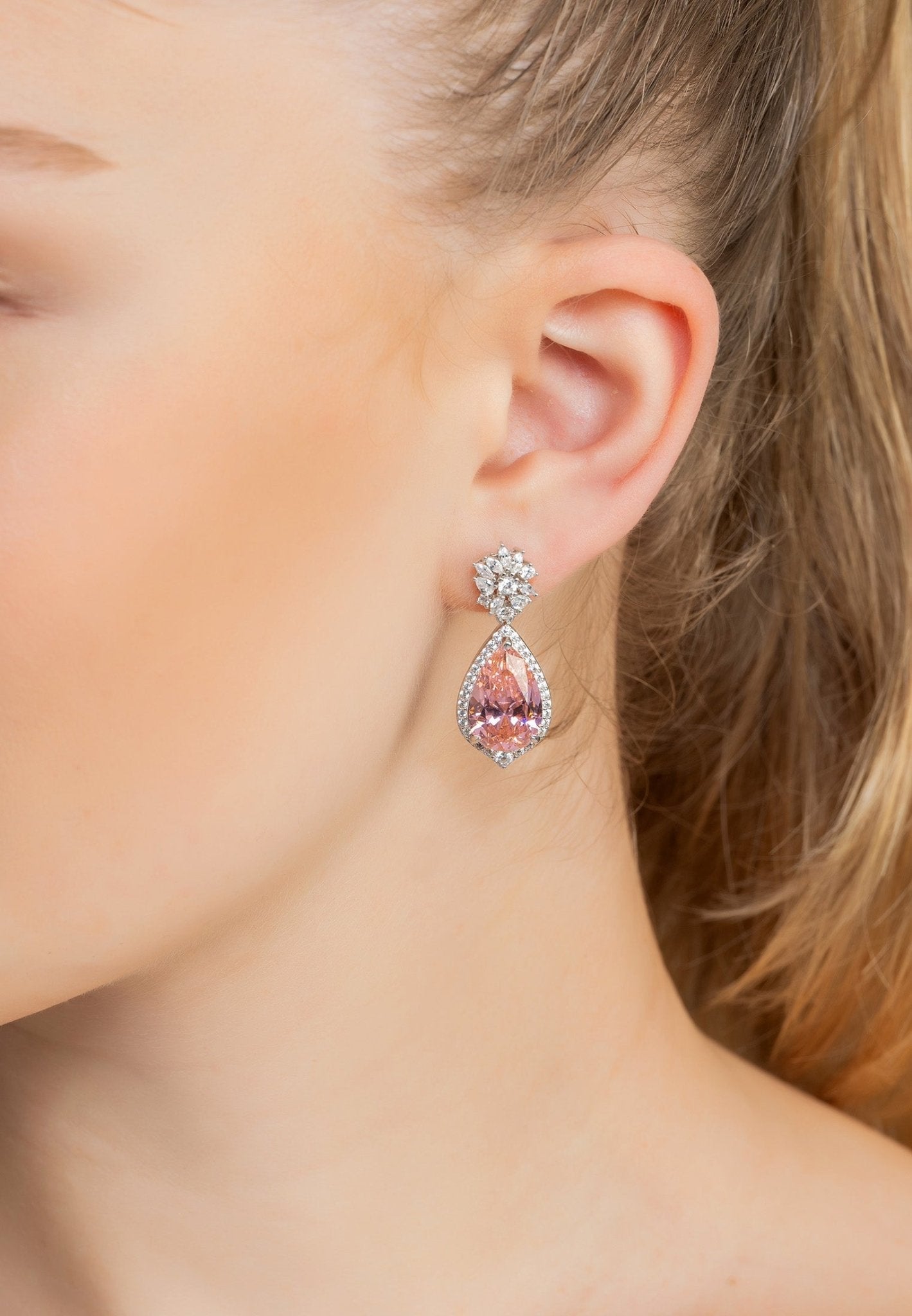 Olivia Teardrop Crystal Drop Earrings Morganite Pink Silver - lolaluxeshop