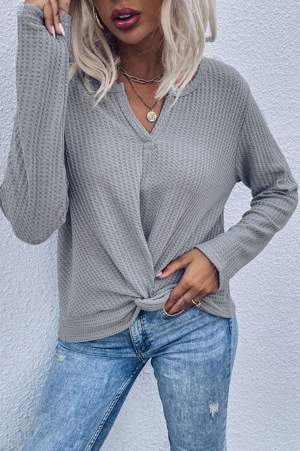 Twist Front Long Sleeve Waffle Knit Top - LOLA LUXE