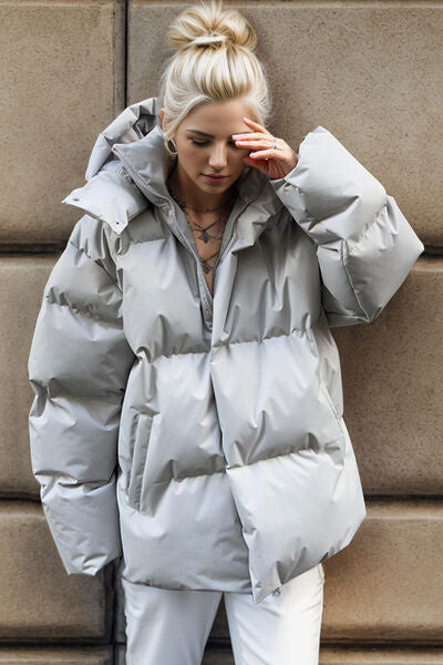 Pocketed Zip Up Hooded Puffer Jacket - lolaluxeshop