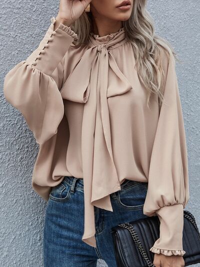 Tie Neck Lantern Sleeve Blouse - lolaluxeshop