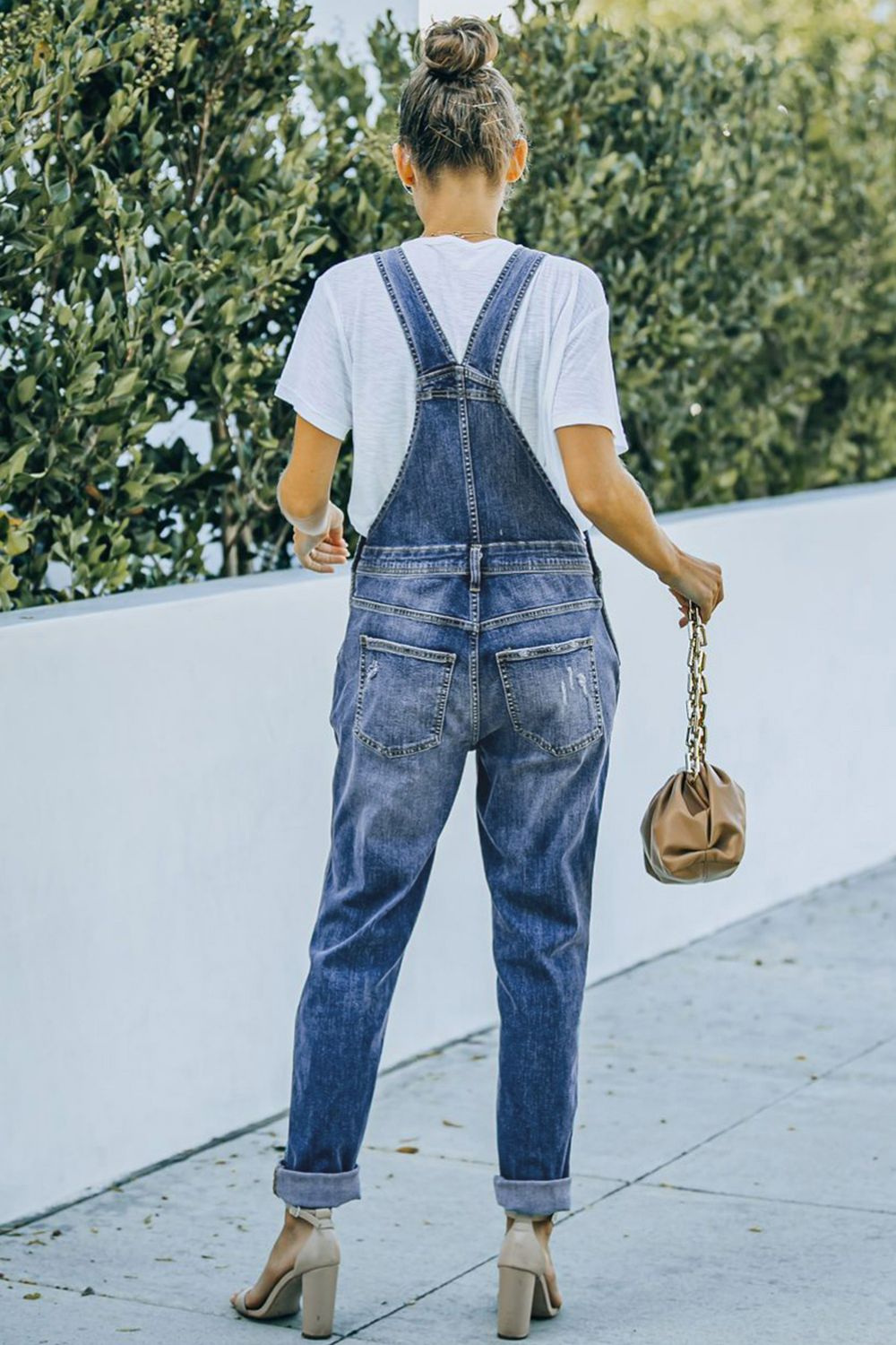 Pocketed Distressed Denim Overalls - LOLA LUXE