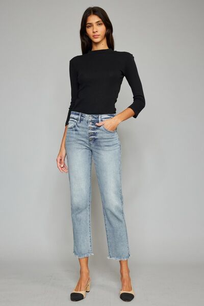 Kancan High Waist Button Fly Raw Hem Cropped Straight Jeans - lolaluxeshop