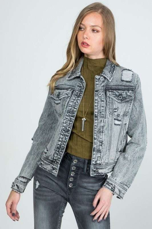 REGULAR GRAY DENIM JACKET WITH DESTROY - LOLA LUXE