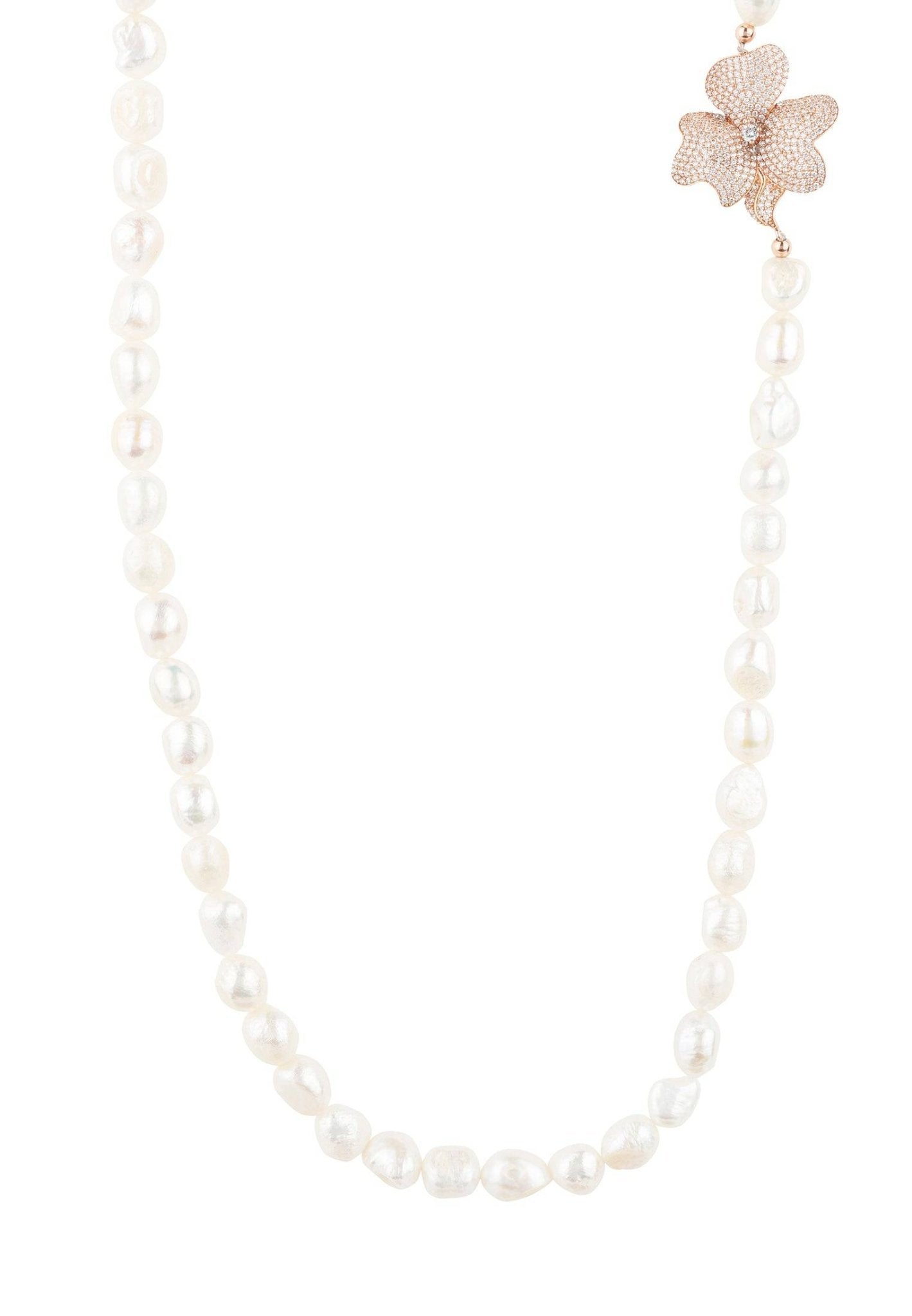 Flower Pearl Gemstone Long Necklace White Cz Rosegold - lolaluxeshop