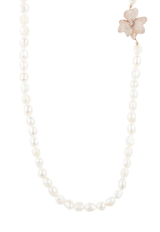 Flower Pearl Gemstone Long Necklace White Cz Rosegold - lolaluxeshop