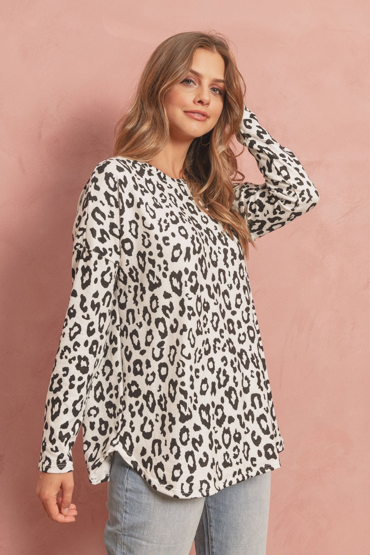 Long Sleeve Animal Print Rounded Hem Top - LOLA LUXE