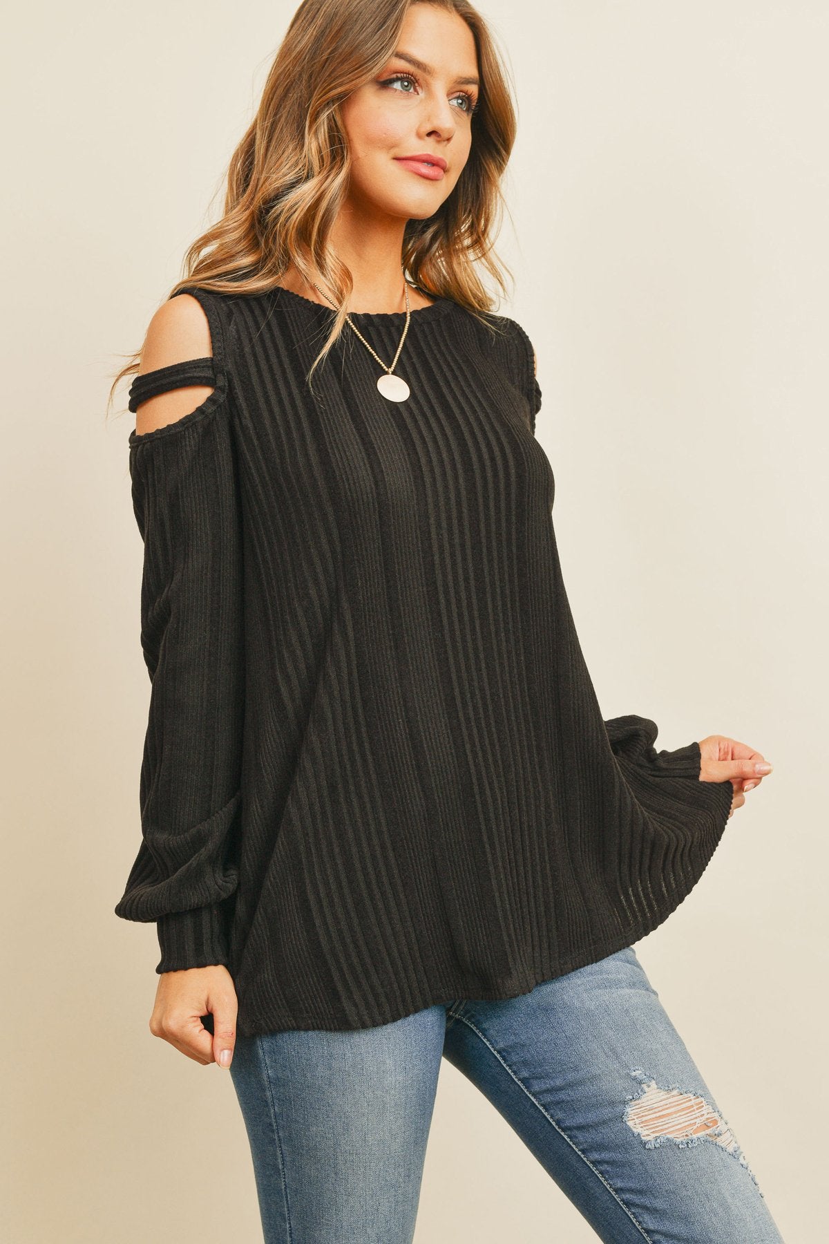 Ladder Open Should Long Sleeved Rib Detail Top - LOLA LUXE