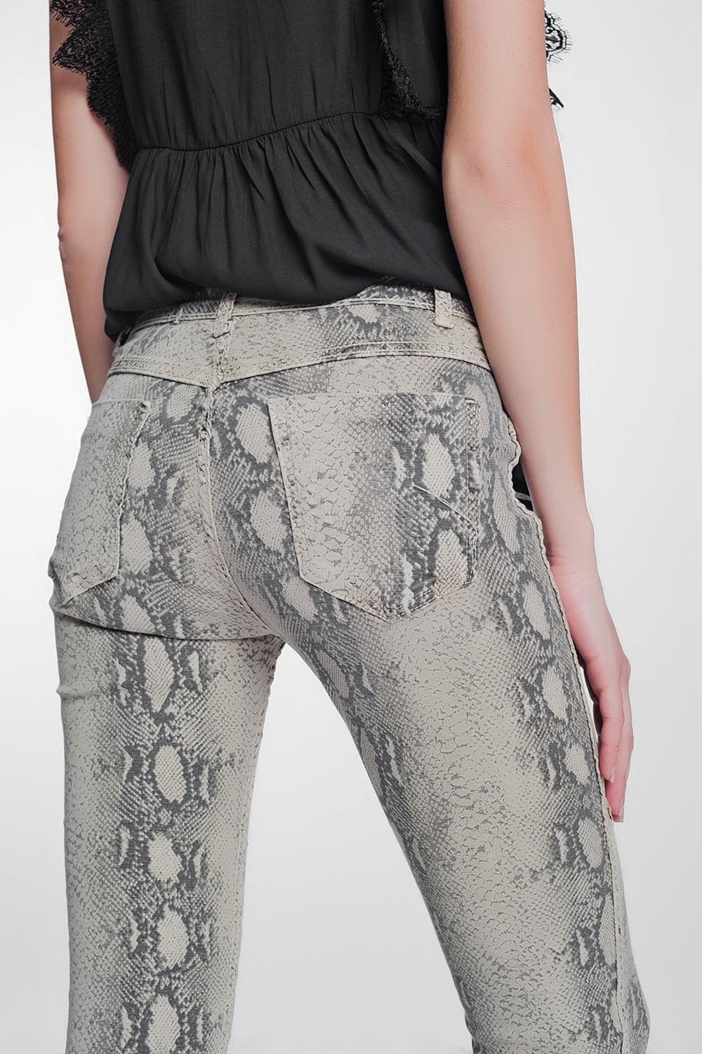 Beige Super Skinny Reversible Pants With Snake Print - LOLA LUXE