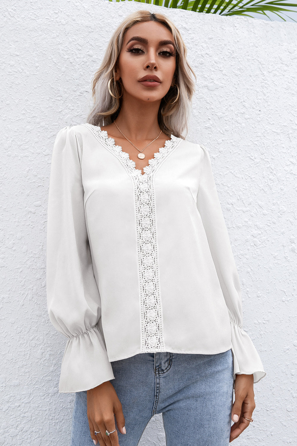 Lace Trim Flounce Sleeve Blouse - LOLA LUXE