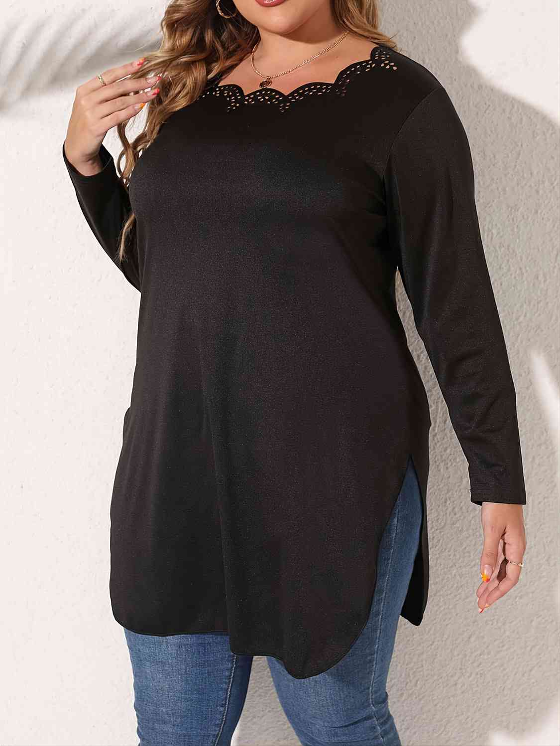 Plus Size Slit Long Sleeve T-Shirt - lolaluxeshop