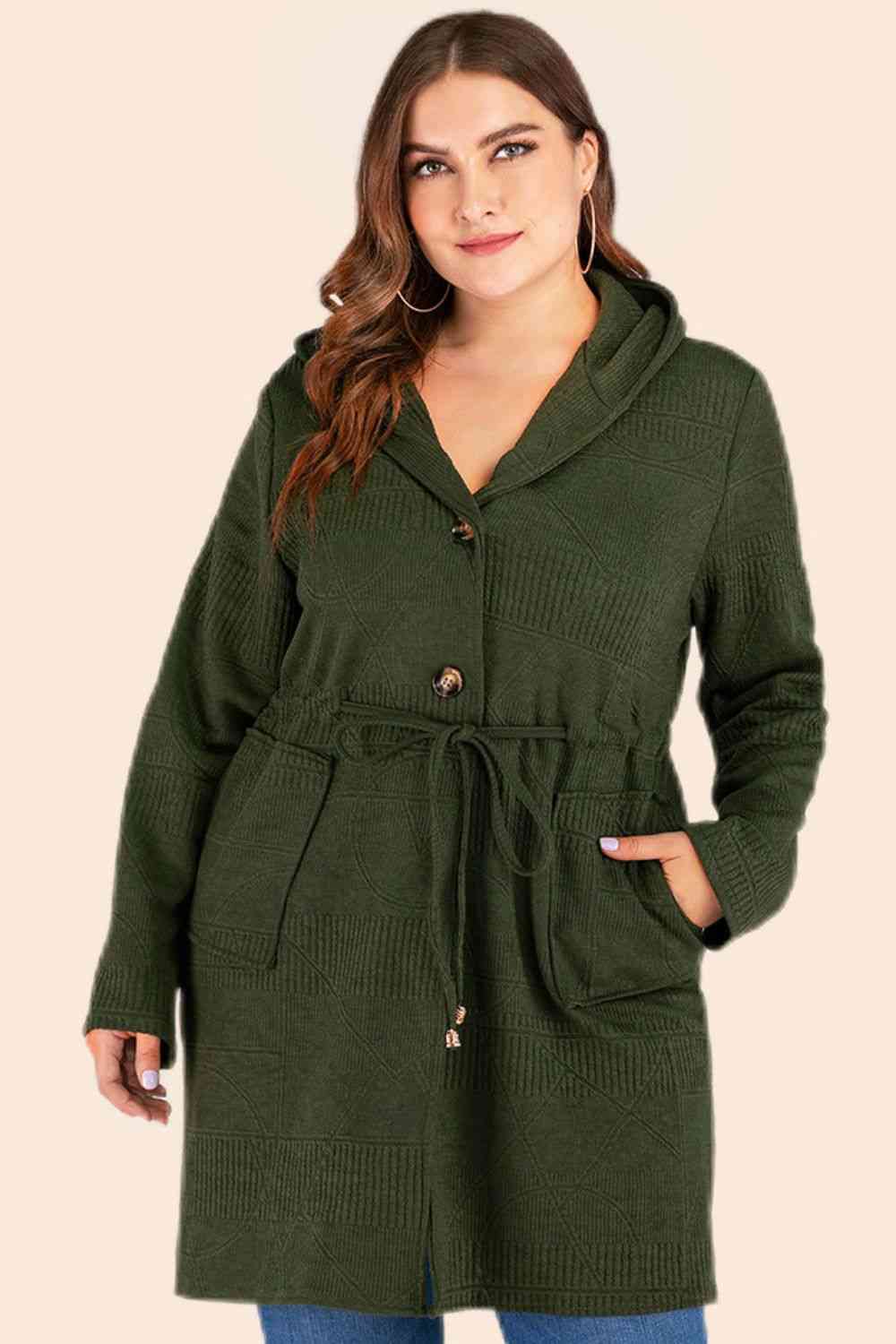 Plus Size Drawstring Waist Hooded Cardigan with Pockets - lolaluxeshop