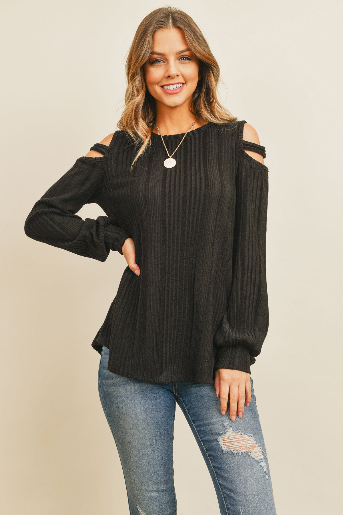 Ladder Open Should Long Sleeved Rib Detail Top - LOLA LUXE