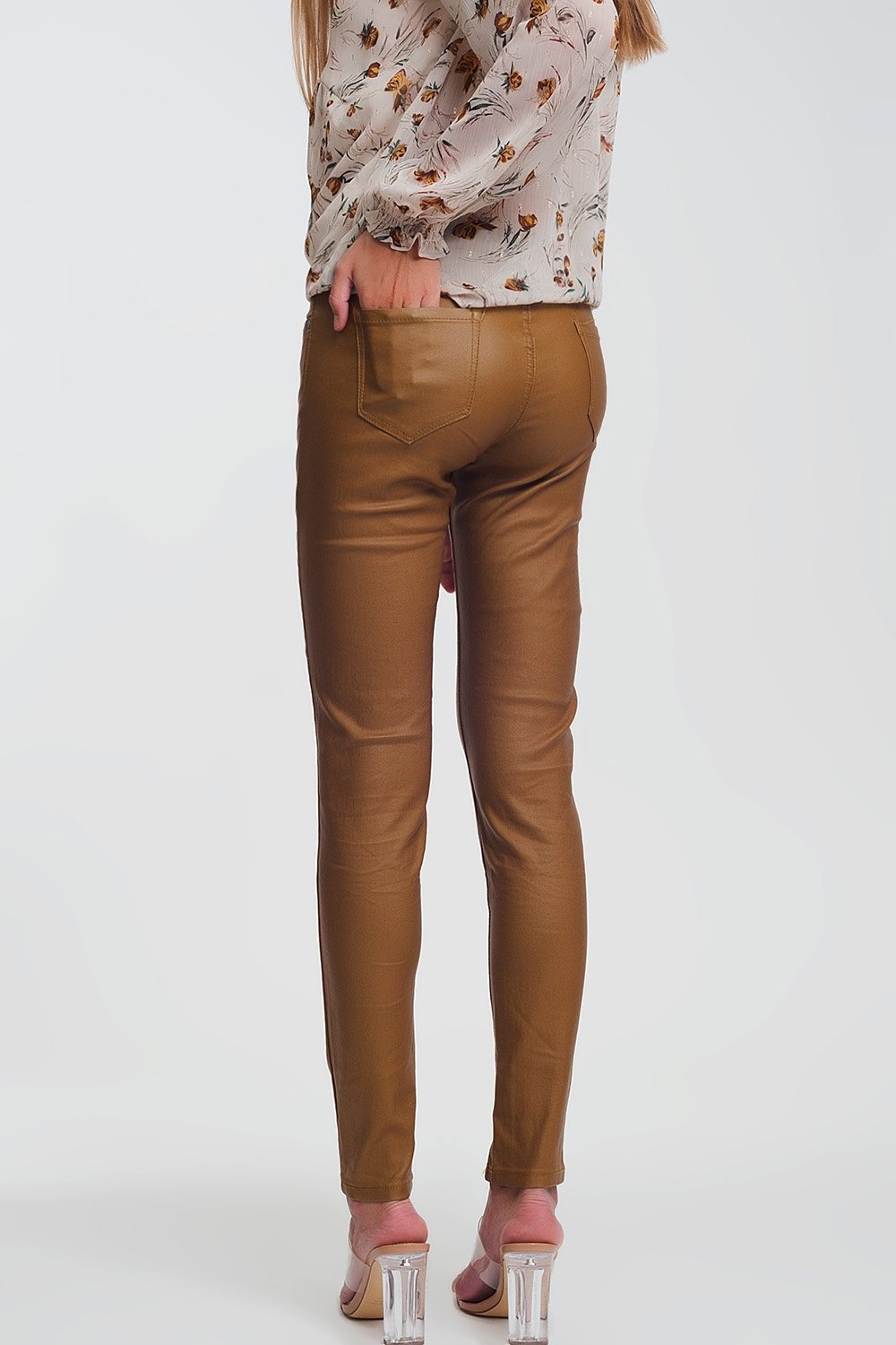 Coated Skinny Pants in Camel - LOLA LUXE