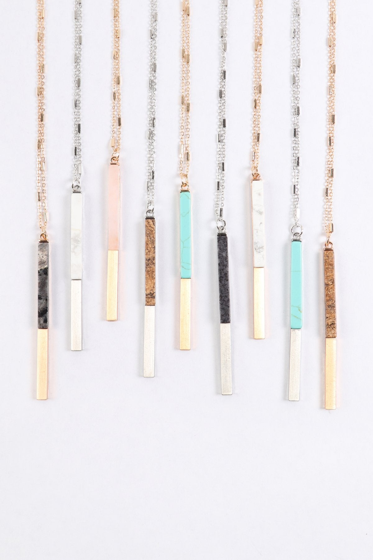 Myn1354 - Natural Stone With Metal Bar Necklace - LOLA LUXE