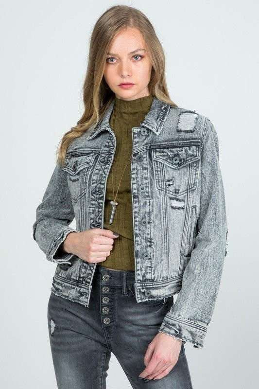 REGULAR GRAY DENIM JACKET WITH DESTROY - LOLA LUXE