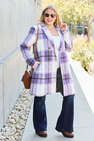 Double Take Full Size Plaid Button Up Lapel Collar Coat - lolaluxeshop