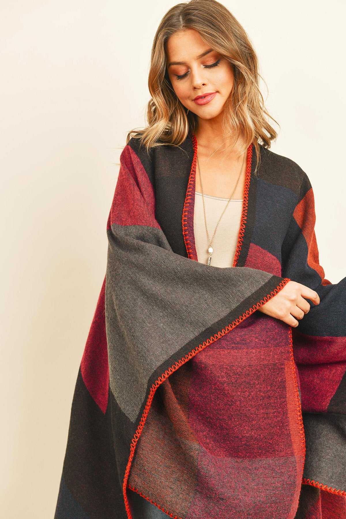 Hdf3151bu - Burgundy Plaid Open Front Kimono - LOLA LUXE