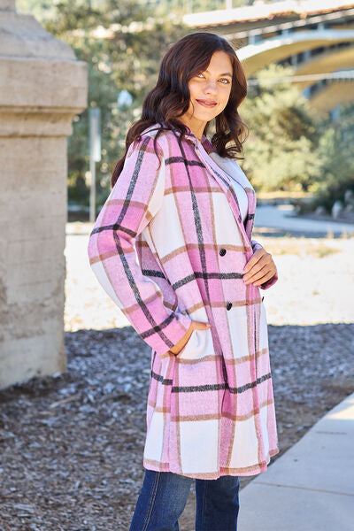 Double Take Full Size Plaid Button Up Lapel Collar Coat - lolaluxeshop