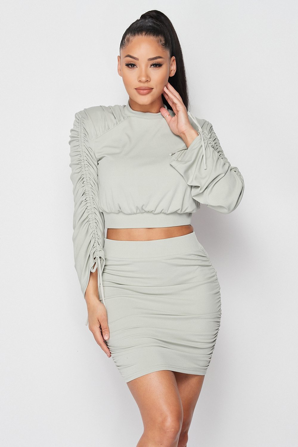 Ruched Long Sleeve And Skirt Set - LOLA LUXE