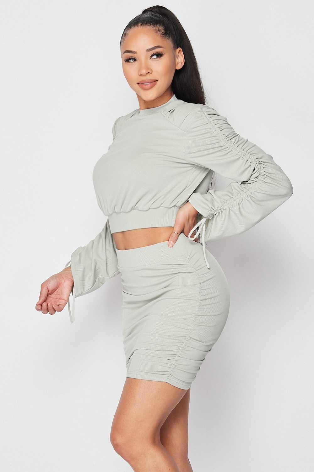 Ruched Long Sleeve And Skirt Set - LOLA LUXE