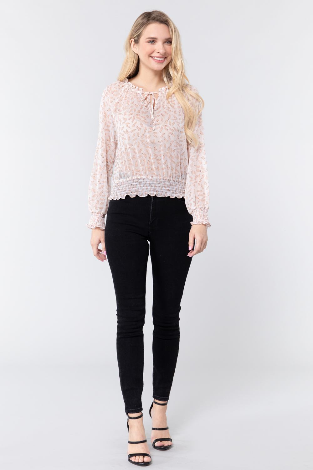 Long Slv Print Woven Top W/tie - LOLA LUXE